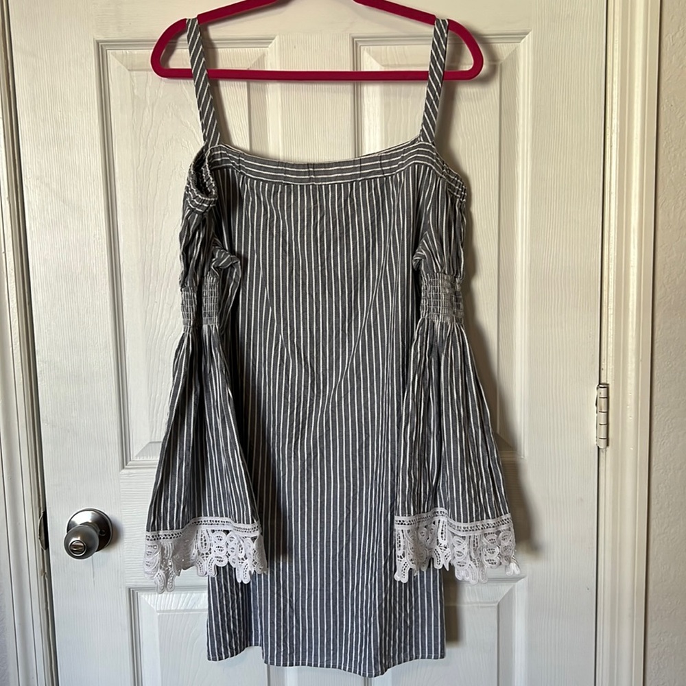 Blue Striped Long Flared Sleeve Off-the-Shoulder Dress with Lace Detail